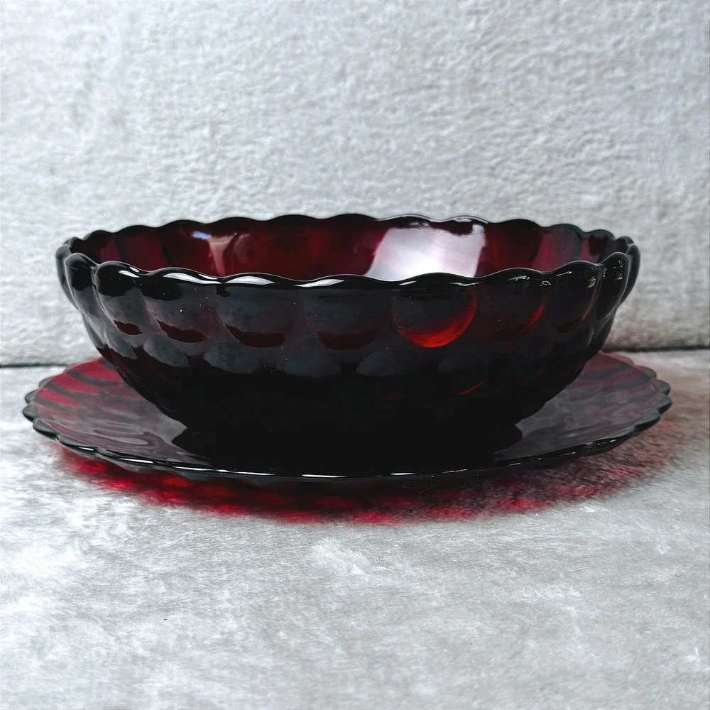 Anchor Hocking Ruby Red Glass Serving Bowl Plate Set Bubble Scalloped Vintage